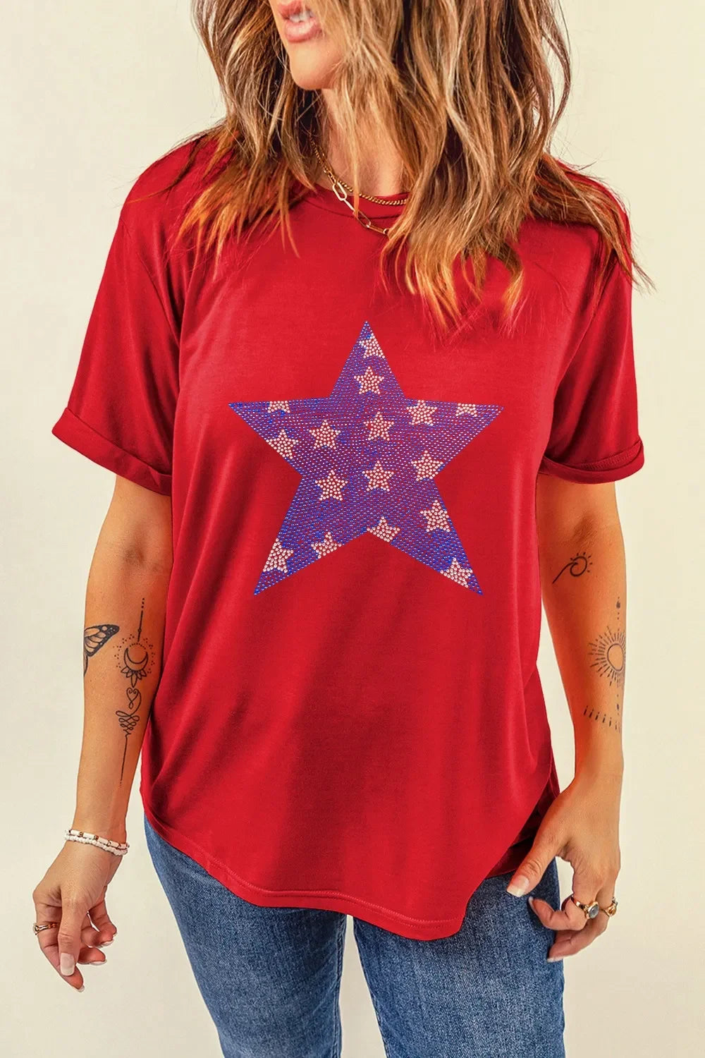 Patriotic Star Round Neck T Shirt With Rhinestones - Southern Shores Clothing