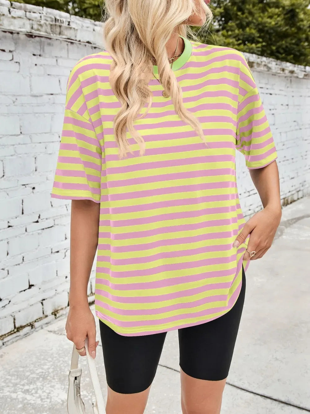 Striped Round Neck Half Sleeve Stretchy T Shirt - Southern Shores Clothing