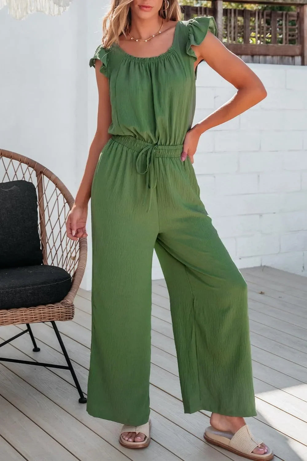 Ruffled Cap Sleeve Wide Leg Jumpsuit With Pockets - Southern Shores Clothing