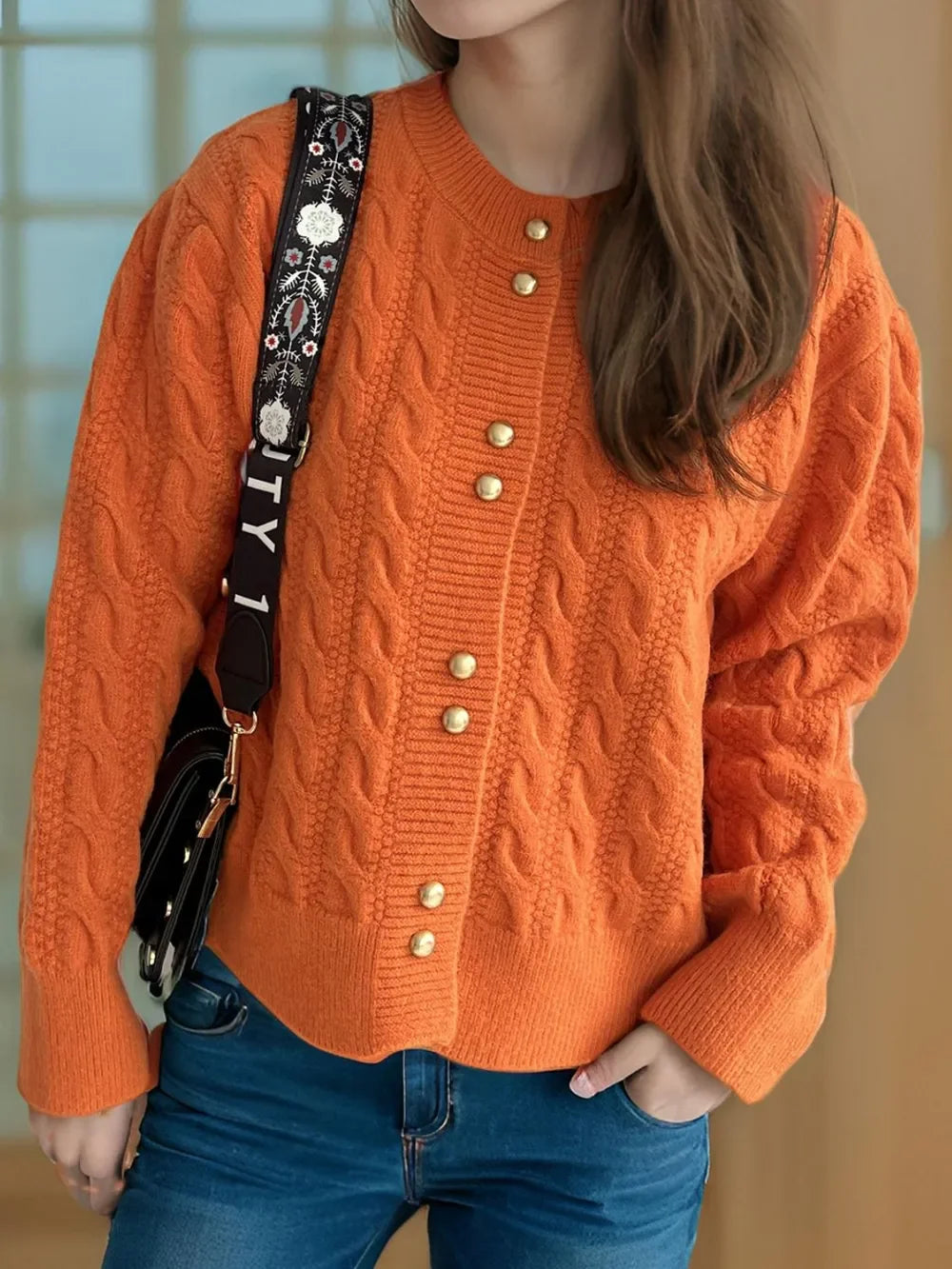 Cable-Knit Round-Neck Long Sleeve Cardigan Buttoned - Southern Shores Clothing