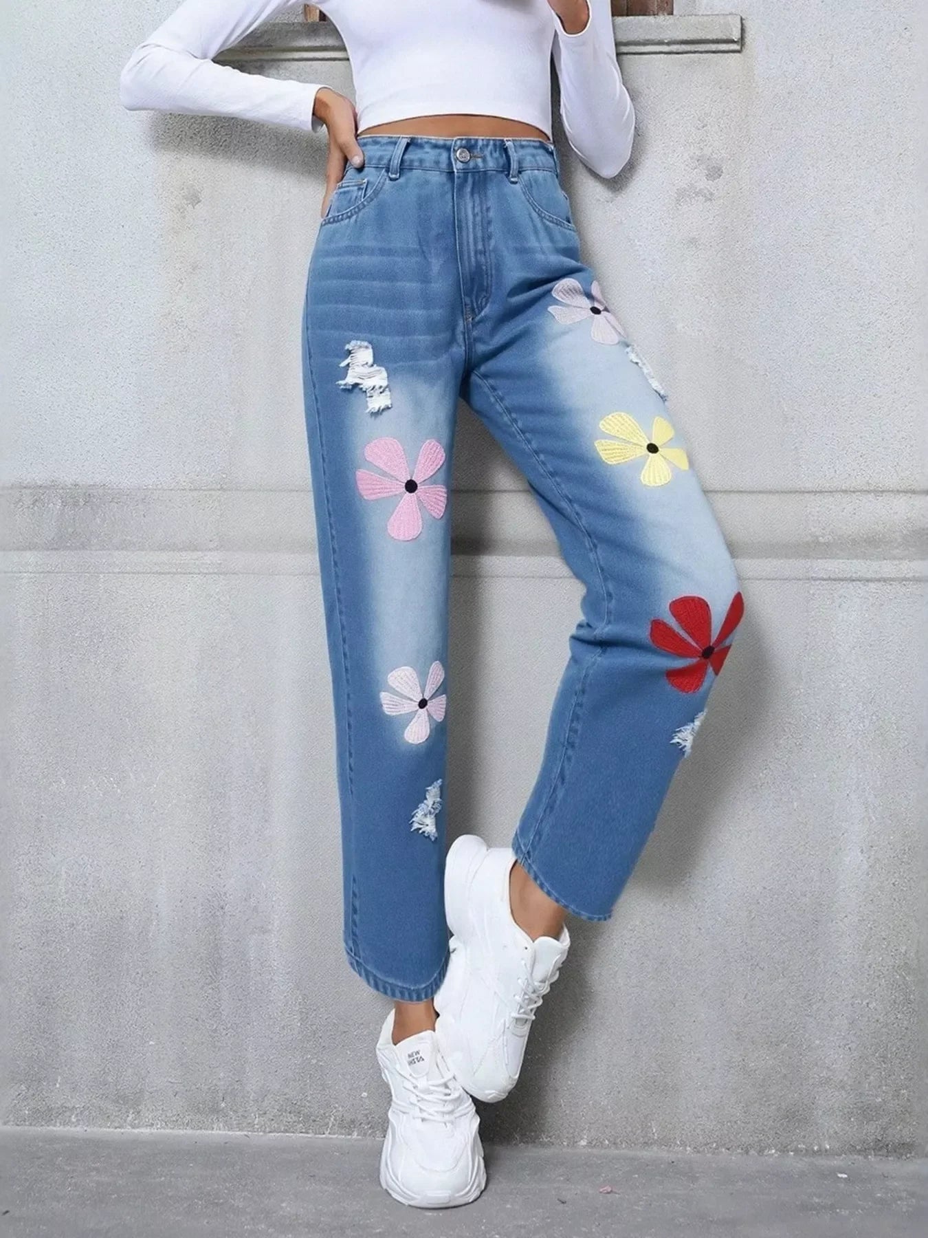 Coastal Floral Embroidered High Waist Distressed Jeans - Southern Shores Clothing