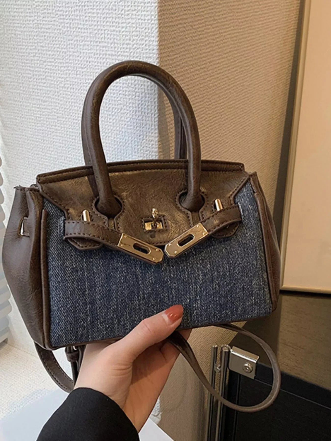 Top Handle Crossbody Bag Denim Accent Details - Southern Shores Clothing