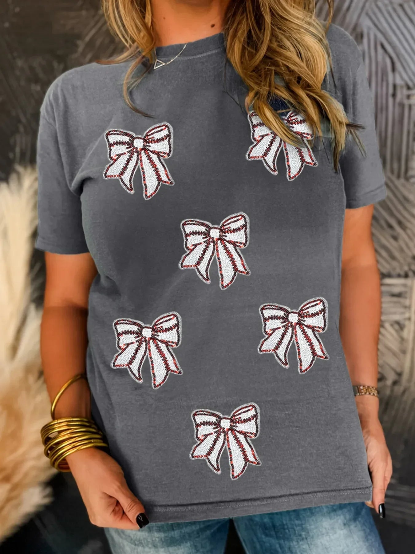 Sequin Bow Short Sleeve Tee - Southern Shores Clothing