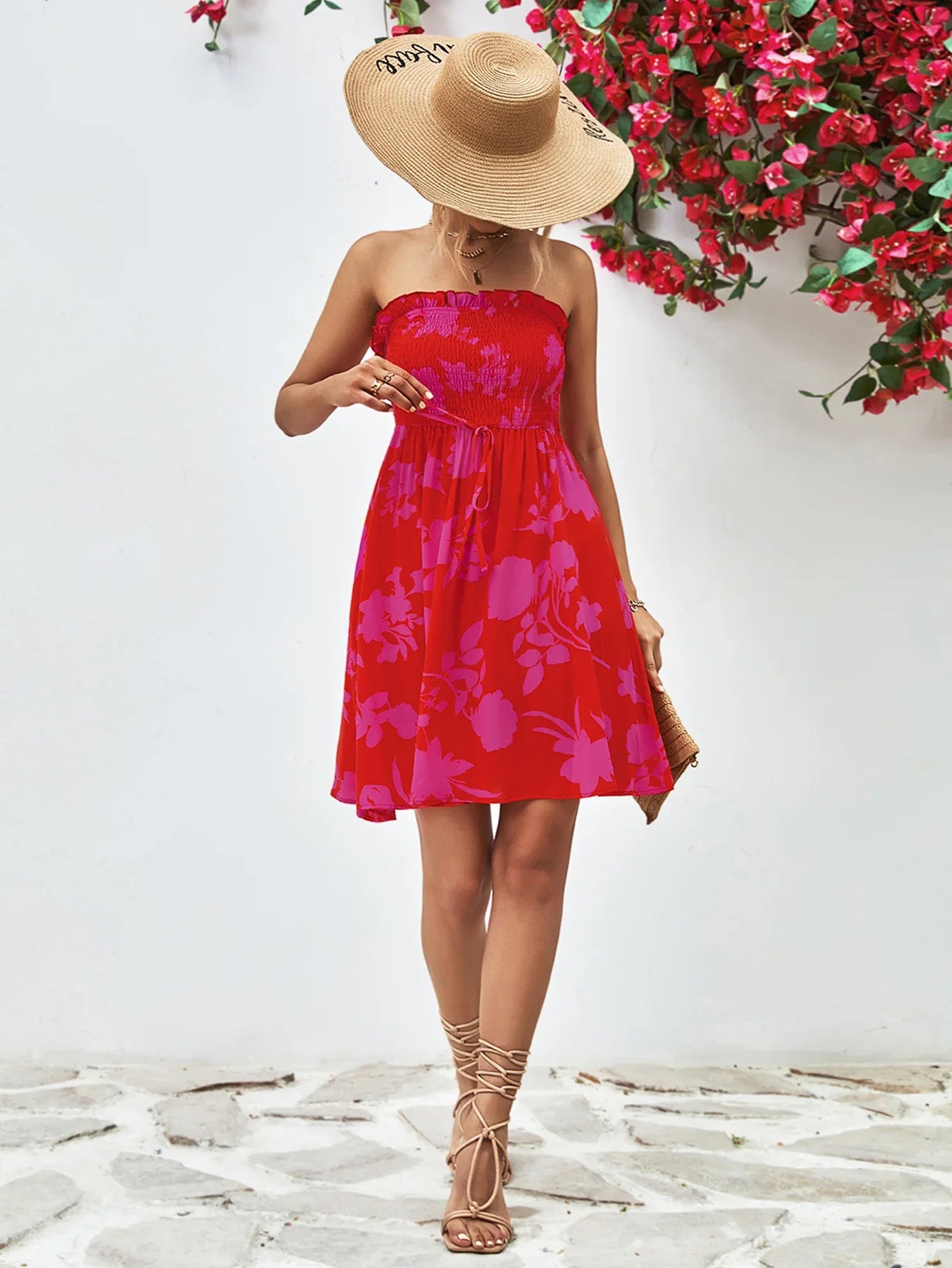 Floral Frill Trim Strapless Smocked Dress - Southern Shores Clothing