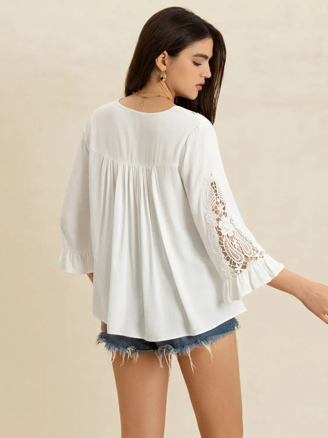 V-Neck Lace Flounce Sleeve Top With Cutout Details And Lace Trim - Southern Shores Clothing