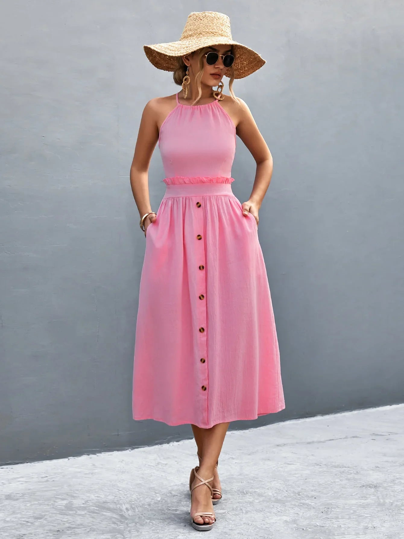 Buttoned Halter Neck Frill Trim Midi Dress - Southern Shores Clothing