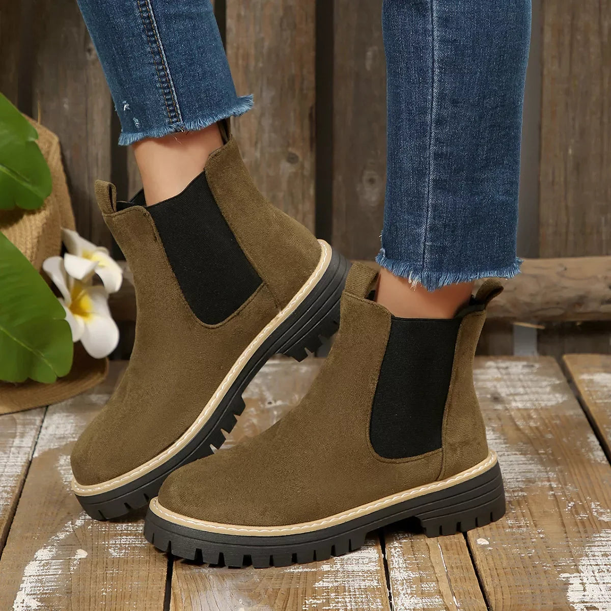 Round Toe Block Heel Boots Suede And Rubber - Southern Shores Clothing