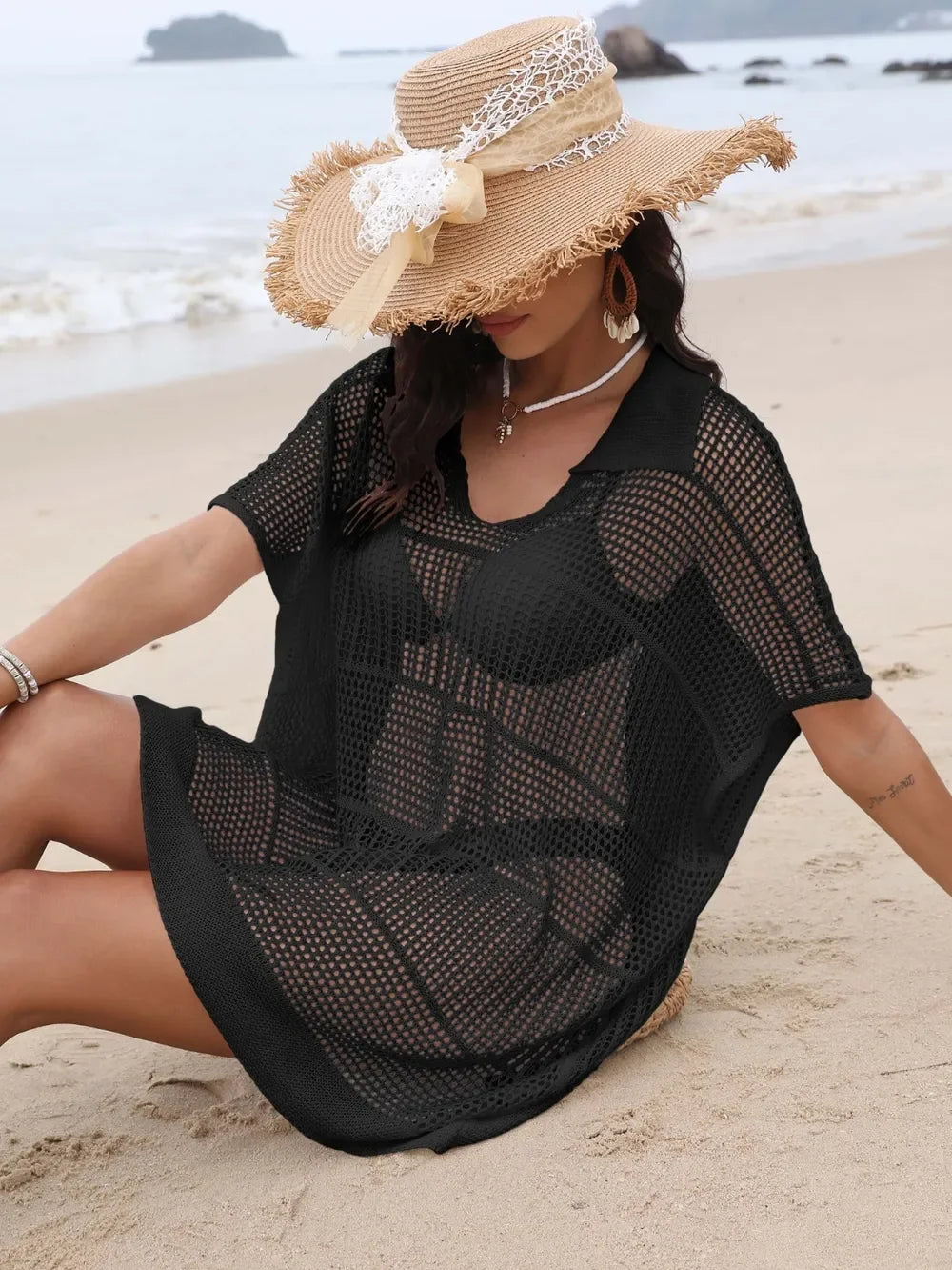 One Size Sheer Hollow Out Collared Neck Cover Up - Southern Shores Clothing