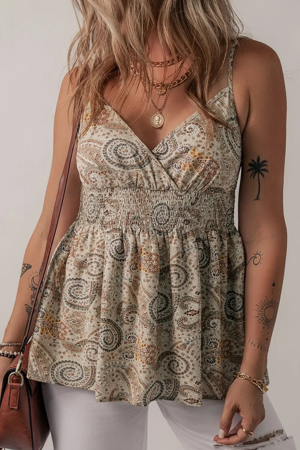 Paisley Print Smocked Babydoll Cami Top Sleeveless Lightweight - Southern Shores Clothing