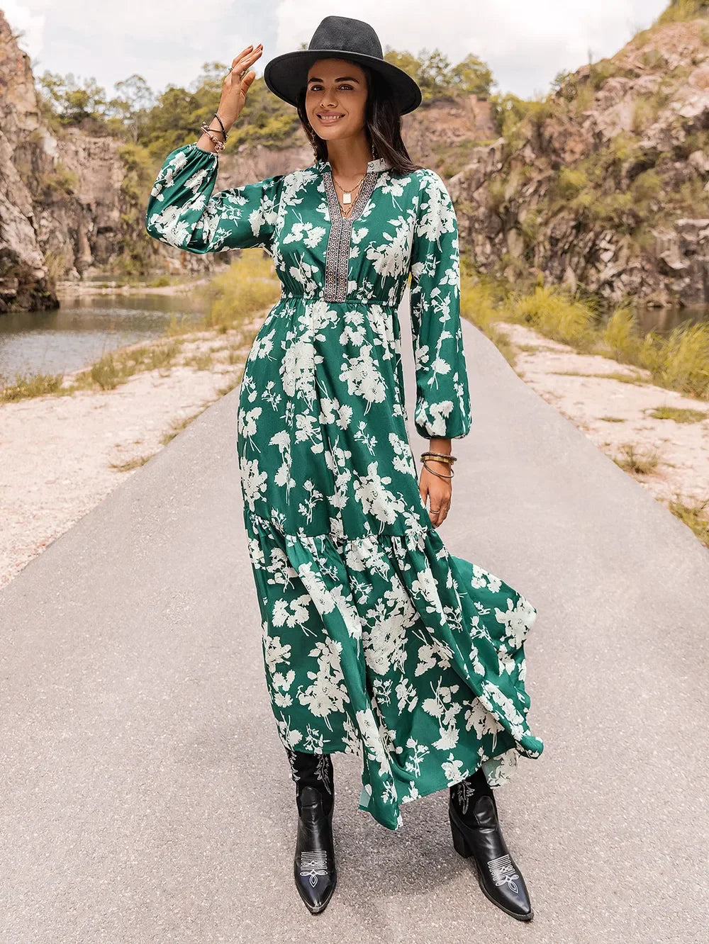 Printed Notched Neck Maxi Dress For Coastal Style - Southern Shores Clothing