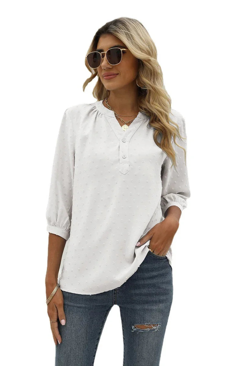 Swiss Dot Notched Neck Three-Quarter Sleeve Blouse - Southern Shores Clothing