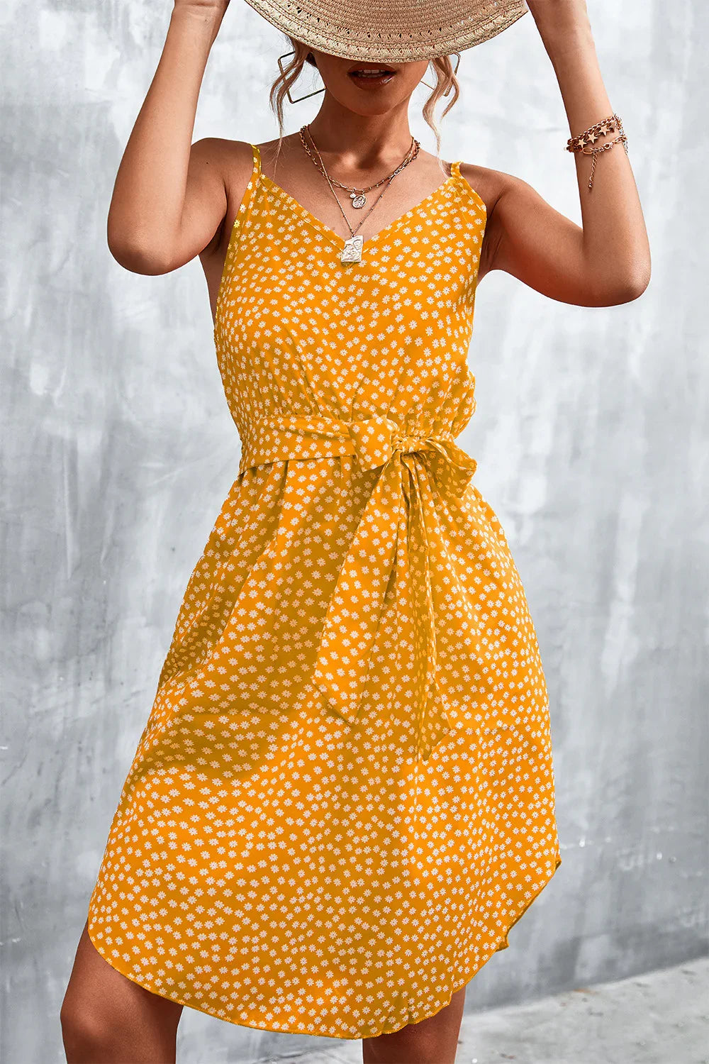 Printed V-Neck Tie Waist Mini Dress - Southern Shores Clothing