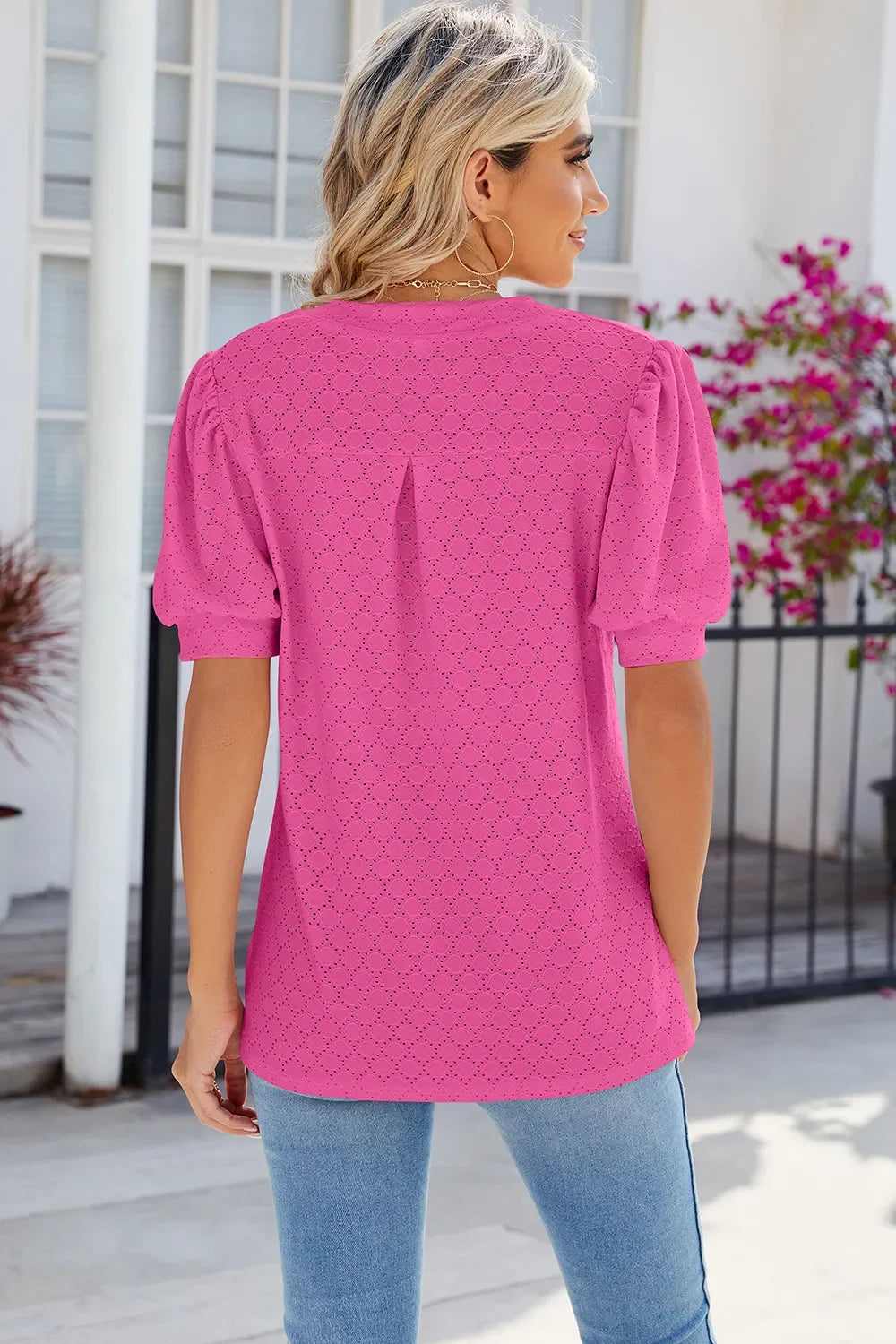 Eyelet Notched Puff Sleeve T-Shirt - Southern Shores Clothing