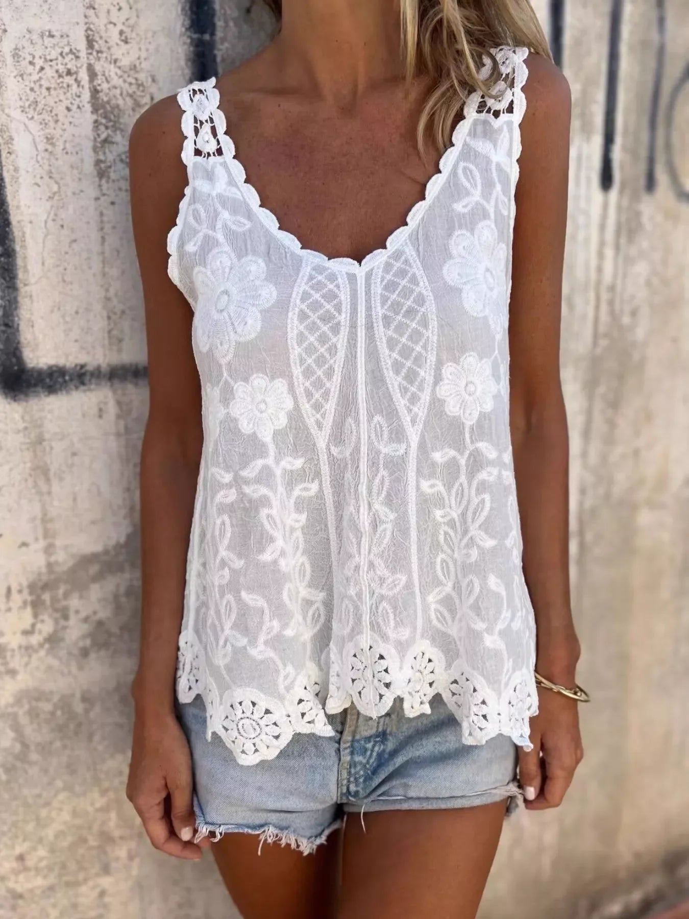Floral Lace Crochet Trim Tank Top With Delicate Embroidery - Southern Shores Clothing