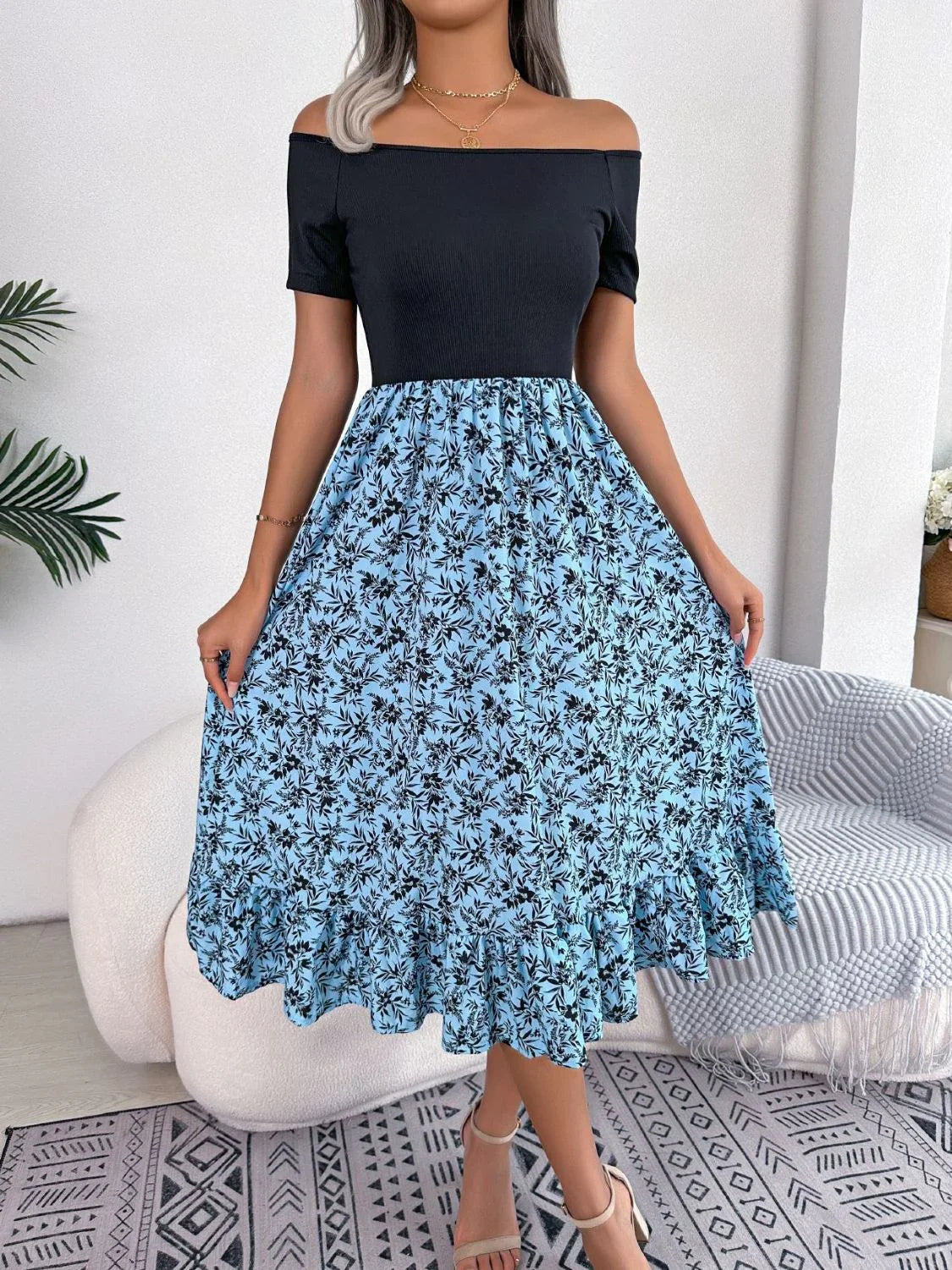 Printed Off-Shoulder Ruffle Hem Dress - Southern Shores Clothing