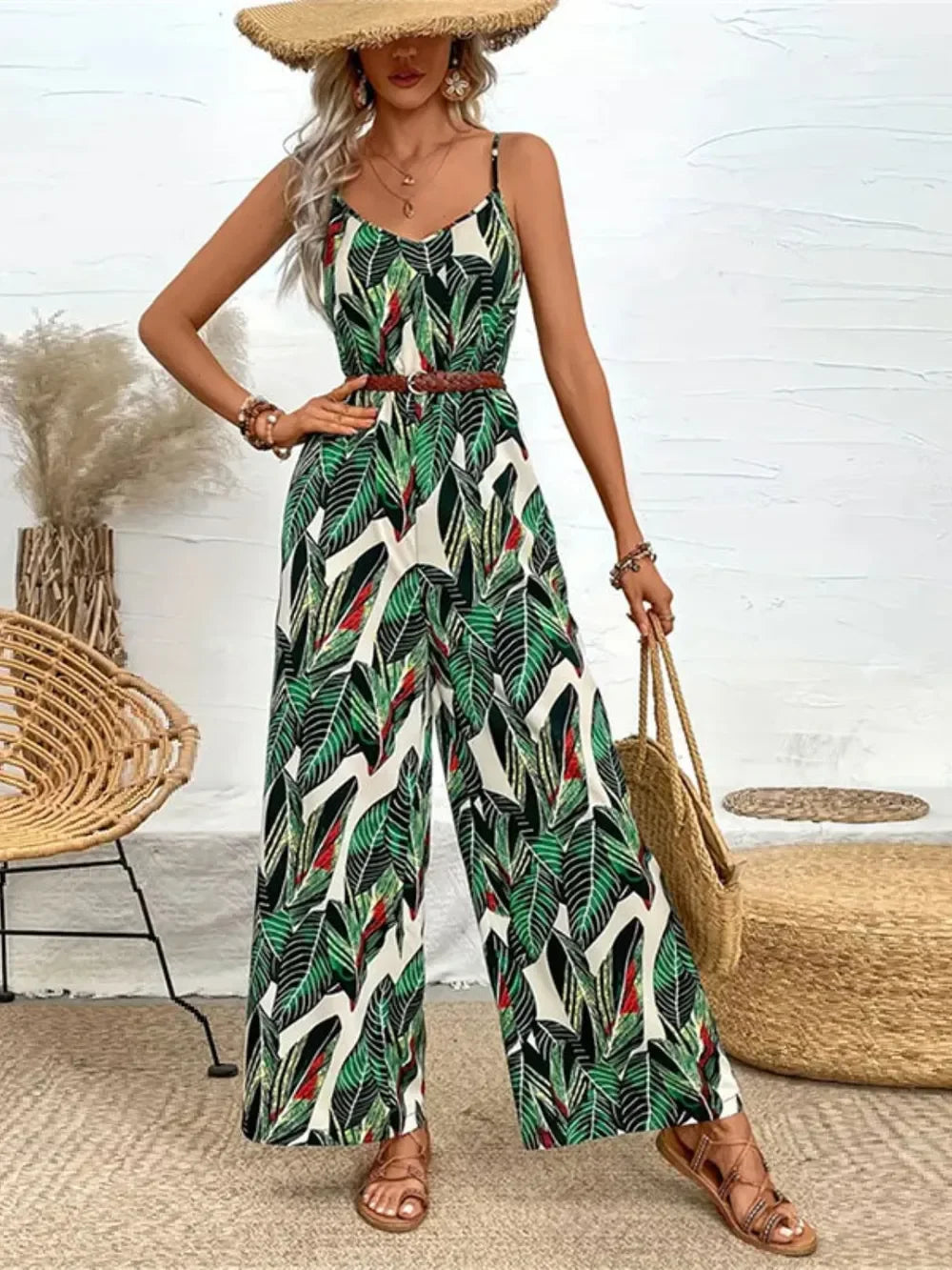 Tropical Print Spaghetti Strap Wide Leg Jumpsuit - Southern Shores Clothing