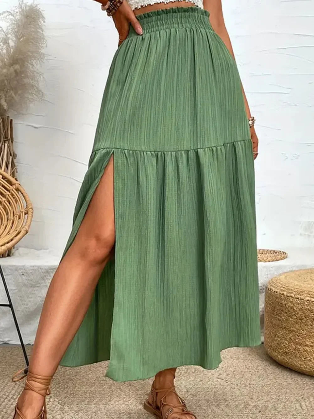 Lightweight Polyester Blend Frill Slit Skirt - Southern Shores Clothing