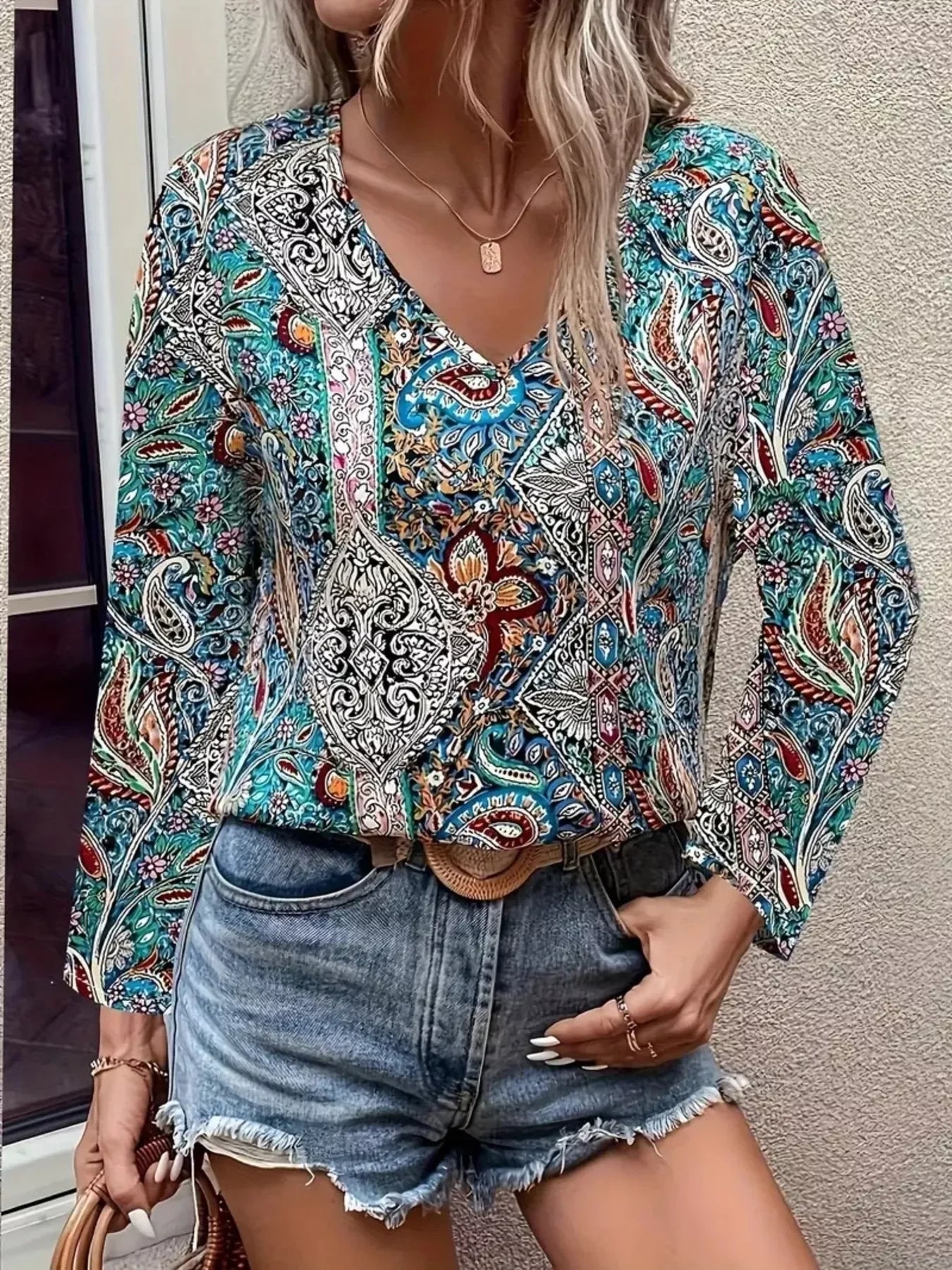 Paisley Print V Neck Long Sleeve Blouse Silhouette Classic - Southern Shores Clothing
