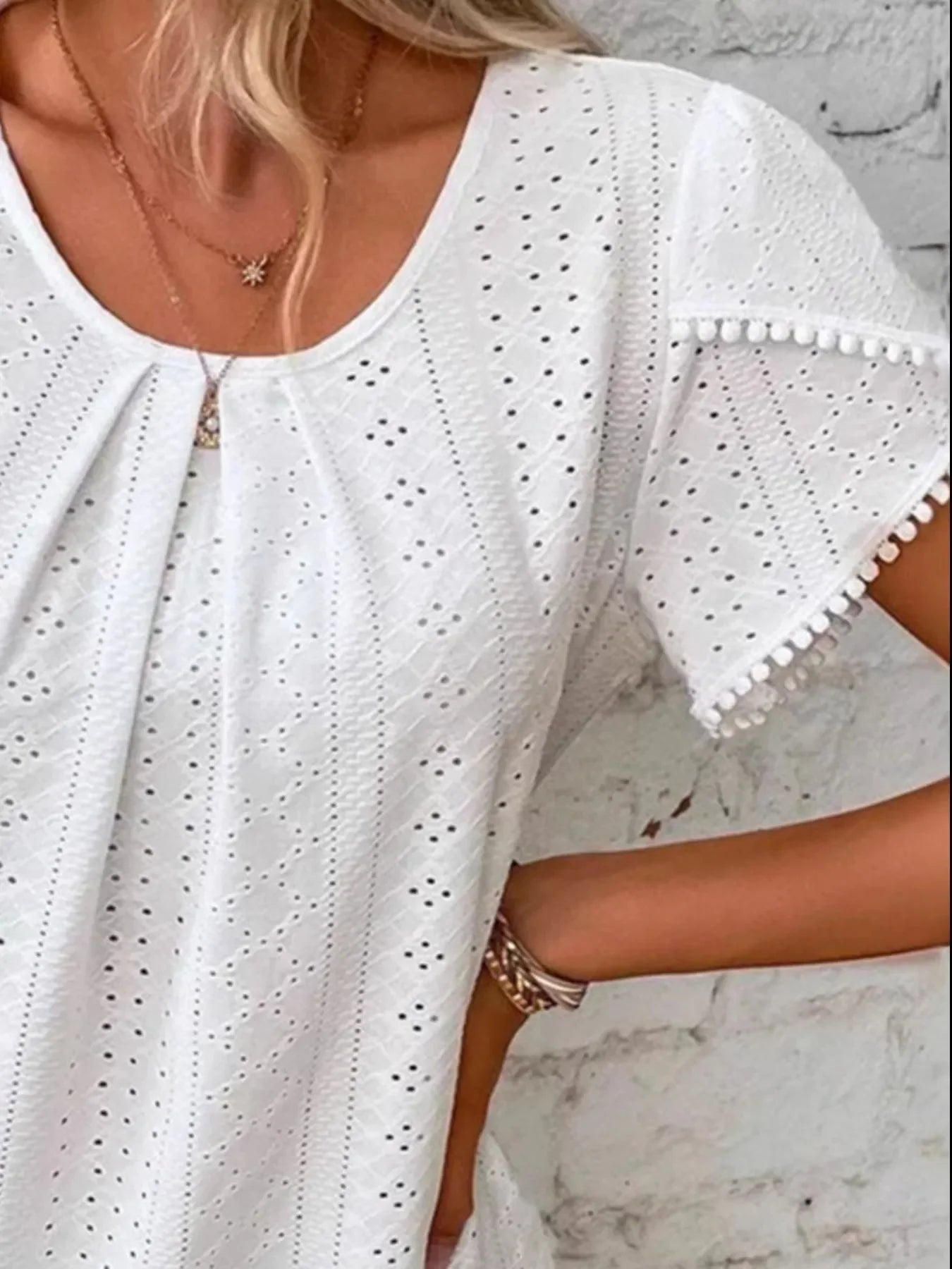 Eyelet Petal Sleeve Top With Pom Pom Trim And Stretch - Southern Shores Clothing