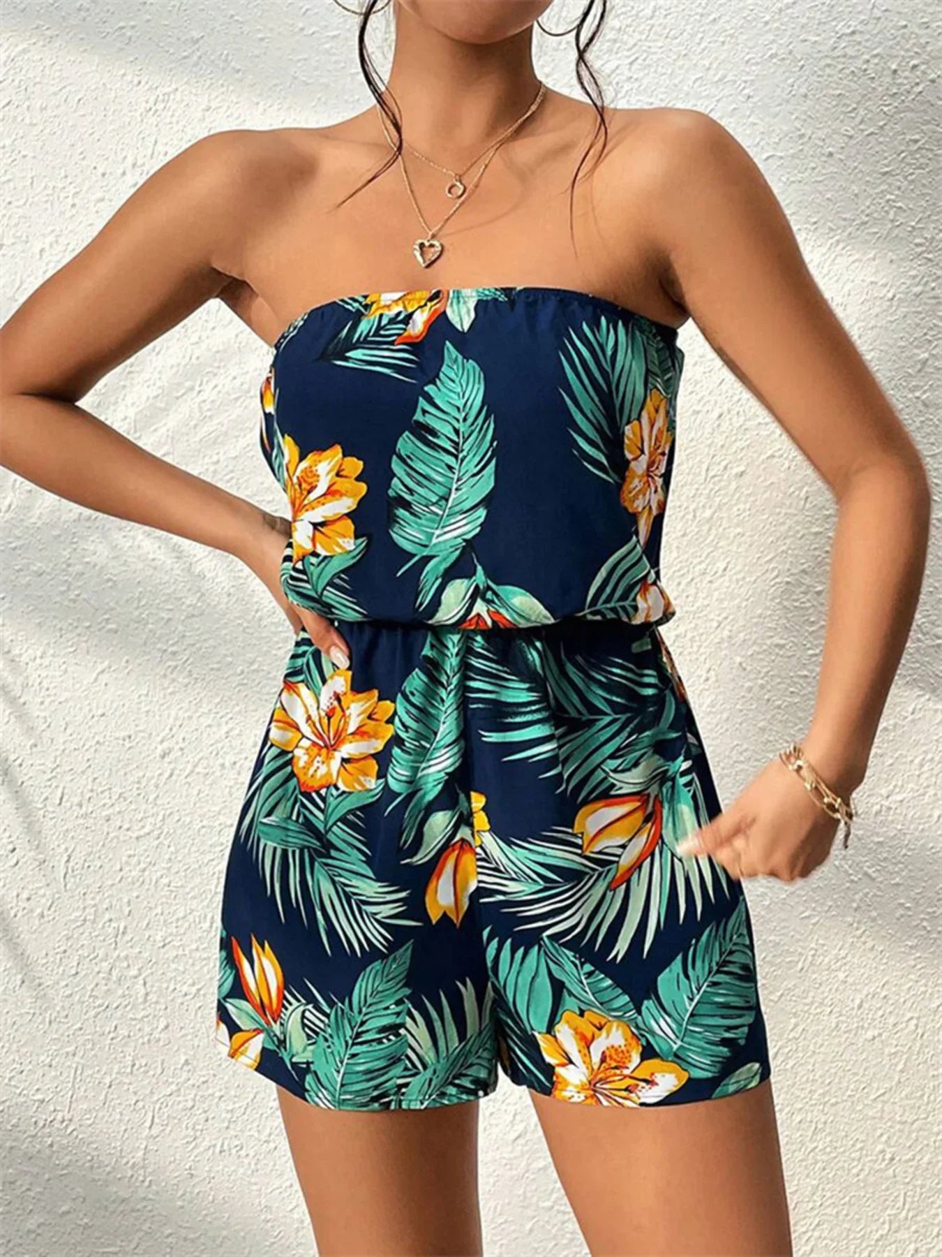 Tropical Print Strapless Elastic Waist Romper - Southern Shores Clothing