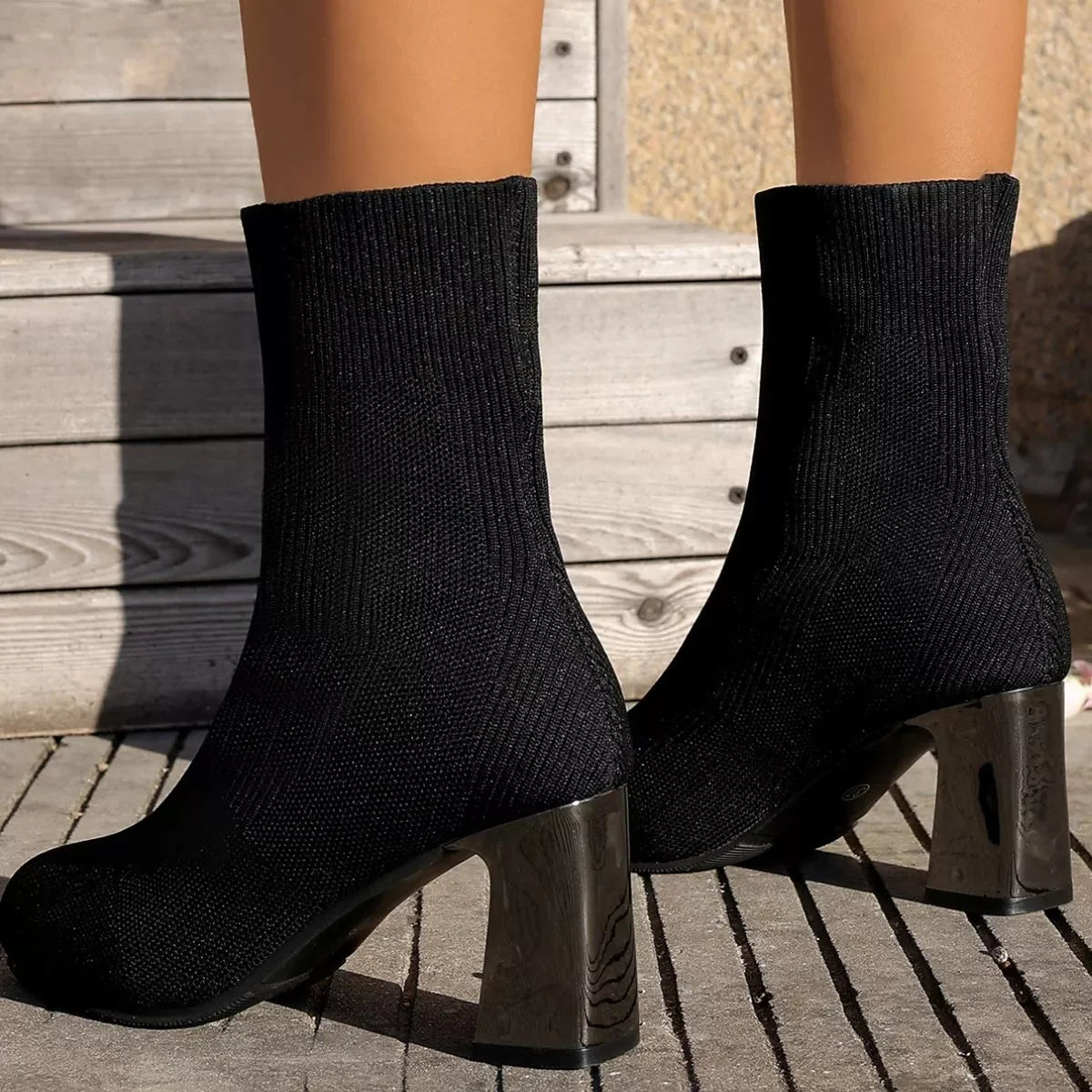 Round Toe Block Heels Boots Mesh Rubber Imported