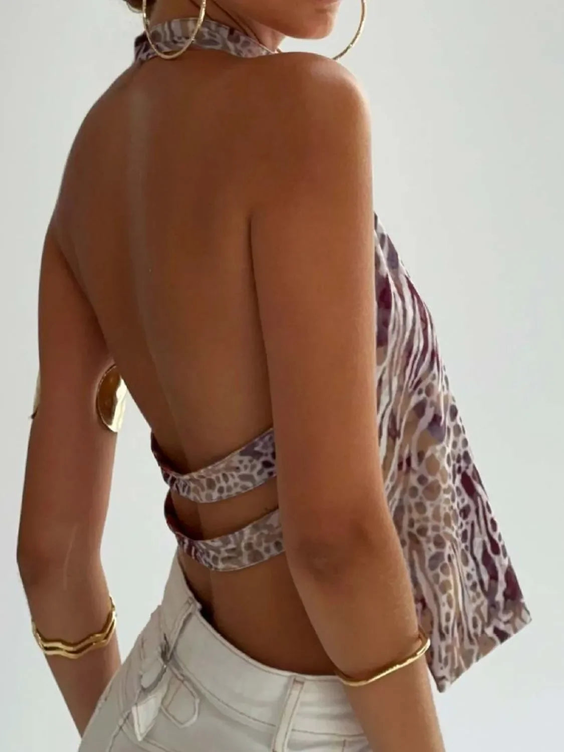 Backless Printed Halter Neck Tank Top With Slight Stretch - Southern Shores Clothing