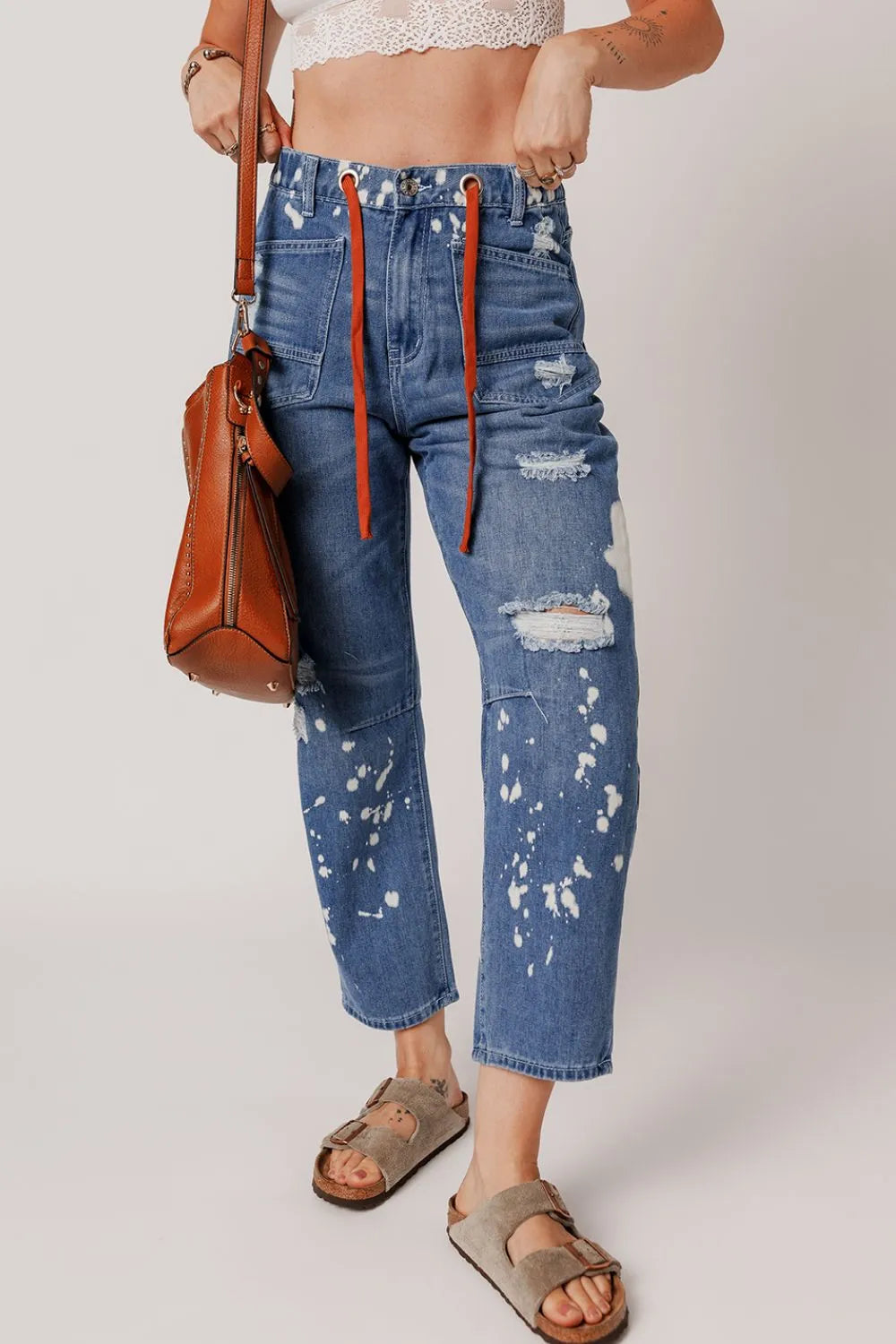 Coastal Distressed Splattering Paint Rope Waist Jeans