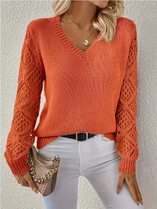 Openwork Stretch V-Neck Long Sleeve Sweater - Southern Shores Clothing