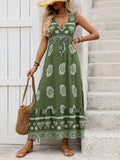 Printed V-Neck Sleeveless Maxi Dress With Tie Waist Tiered Hem - Southern Shores Clothing