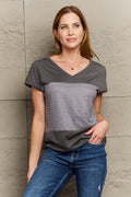 Striped V Neck Short Sleeve T Shirt Polyester Blend - Southern Shores Clothing