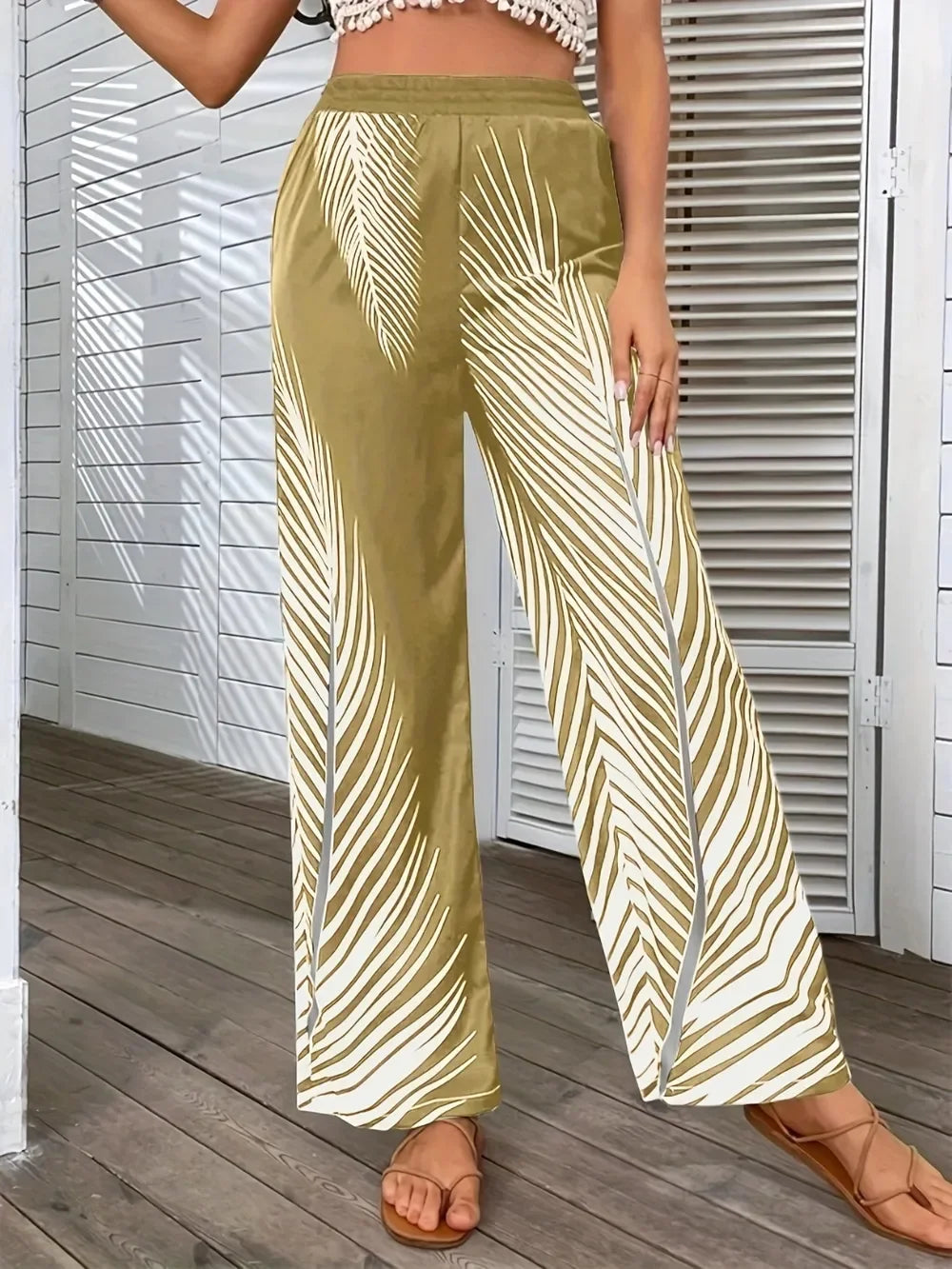 Printed Wide Leg Pants With Stretch Fabric Coastal Style - Southern Shores Clothing