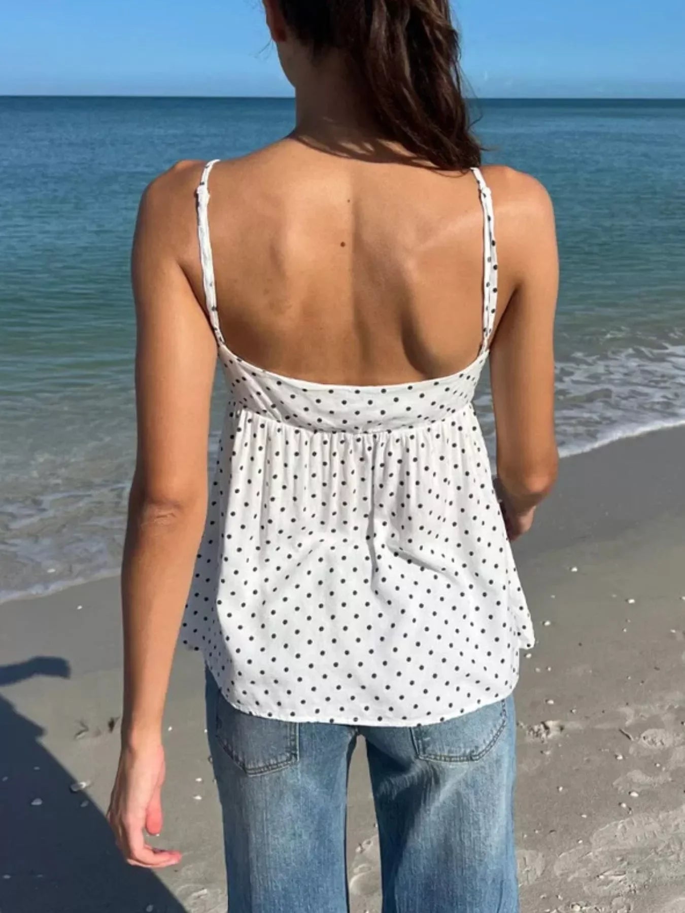 Flowy V Neck Polka Dot Camisole With Adjustable Spaghetti Straps - Southern Shores Clothing