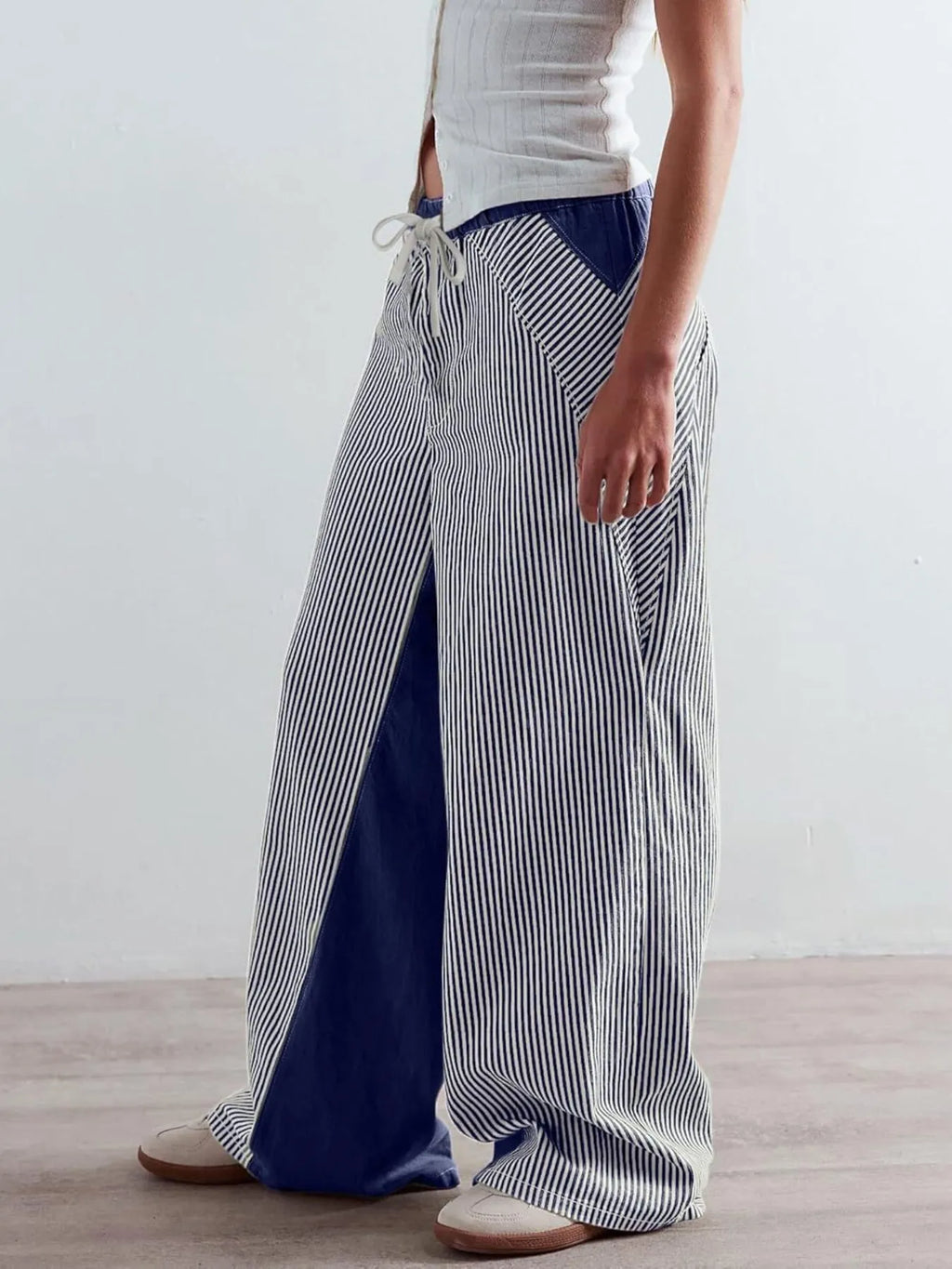 Ocean Striped Wide Leg Jeans with Drawstring for Women