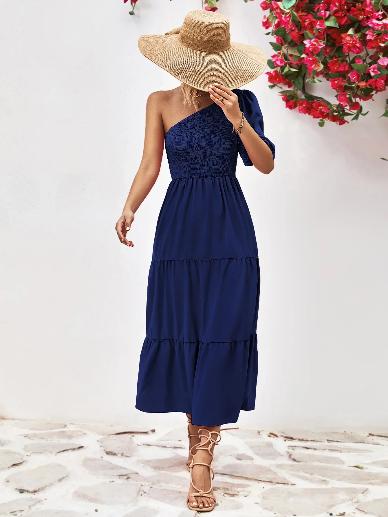 Smocked One-Shoulder Midi Dress Silhouette - Southern Shores Clothing