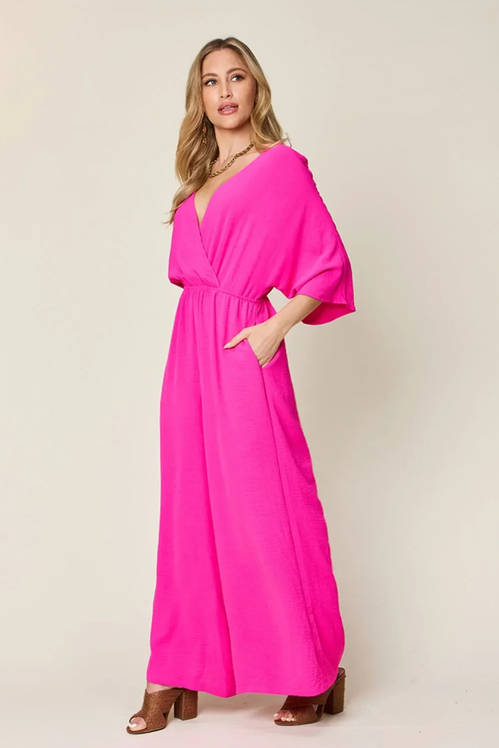 Surplice Wide-Leg Jumpsuit With Hidden Pockets - Southern Shores Clothing