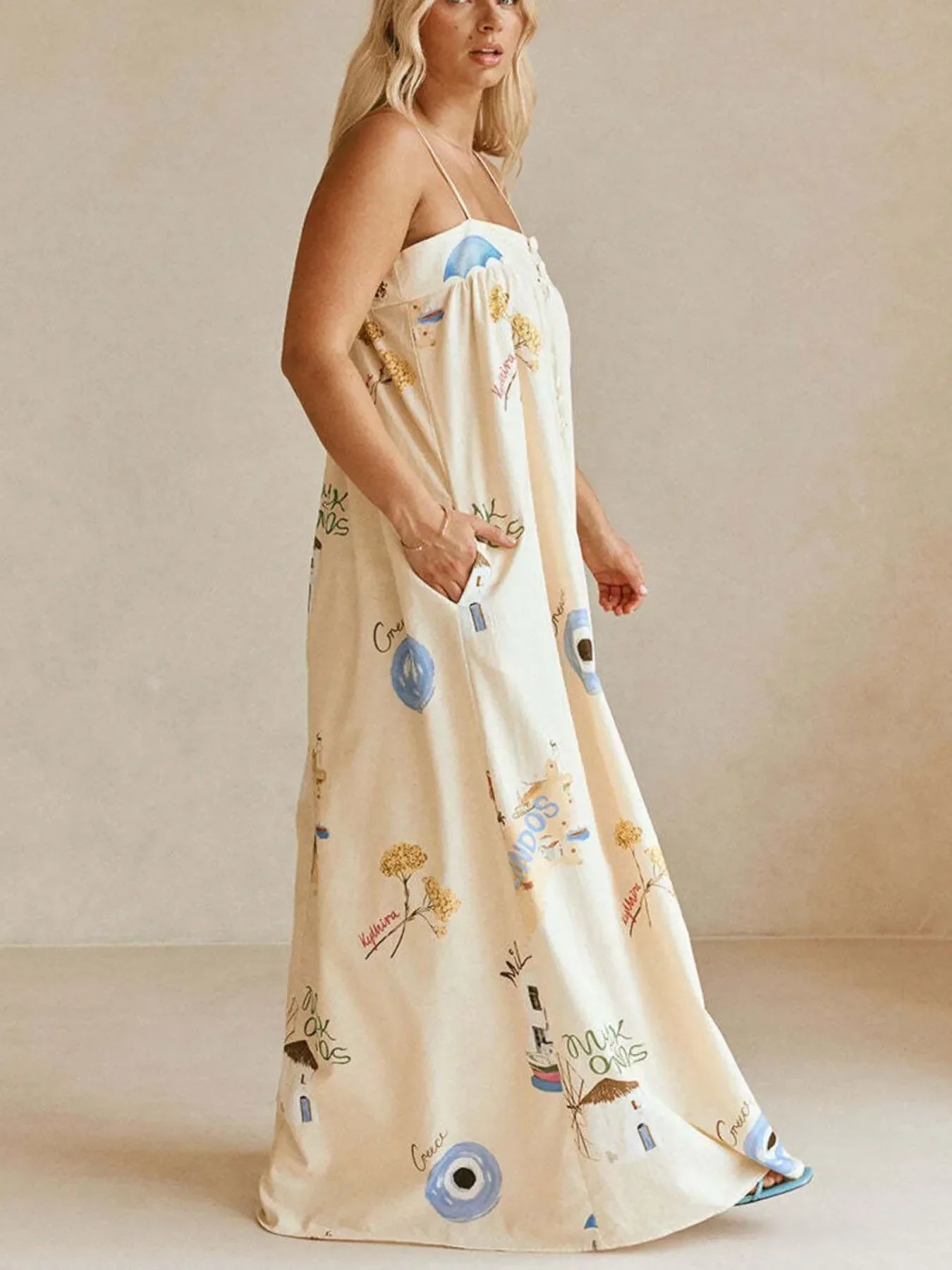 Bohemian Print Cami Maxi Dress With Pockets And Delicate Straps - Southern Shores Clothing