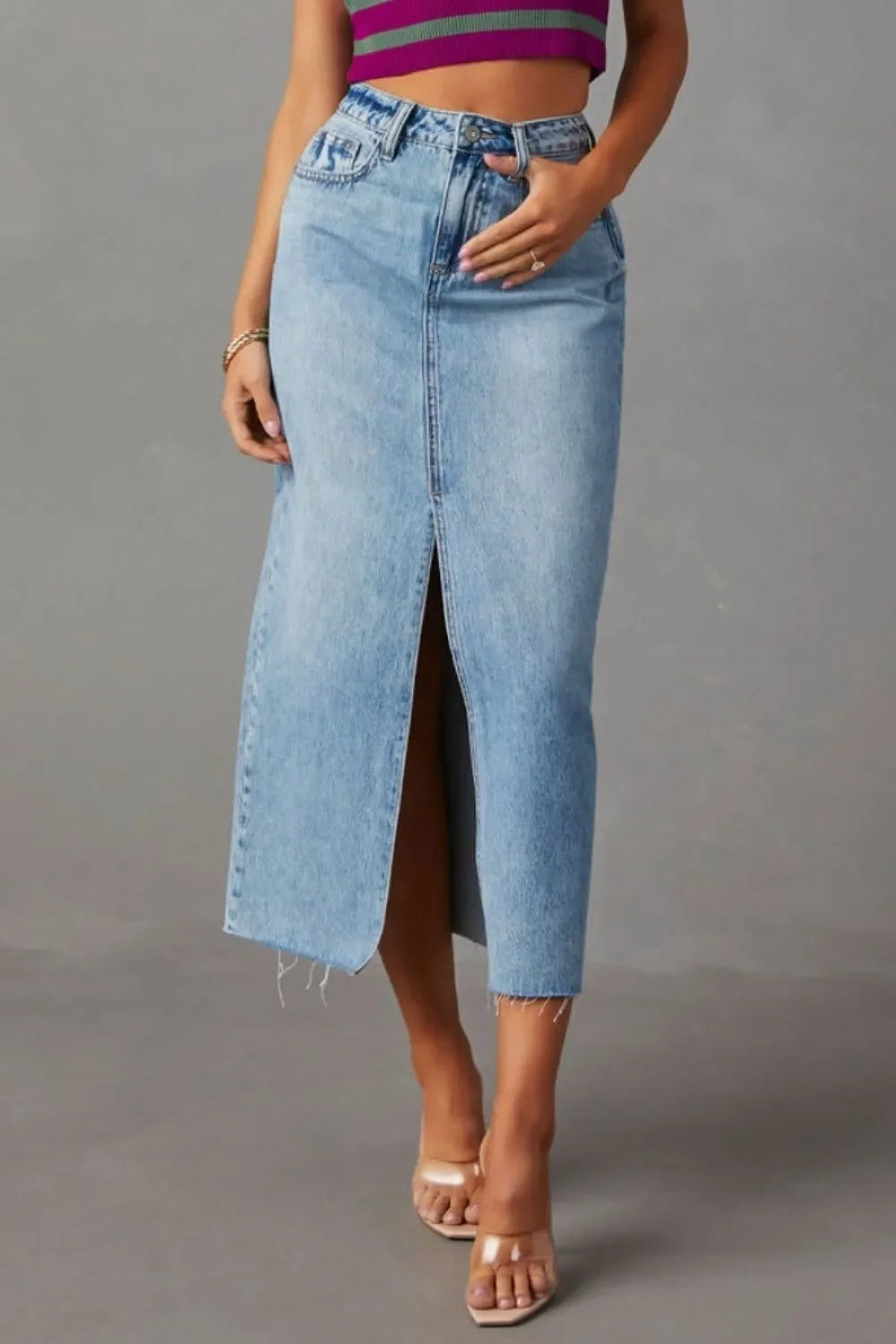 Slit Raw Hem Midi Denim Skirt With Pockets - Southern Shores Clothing