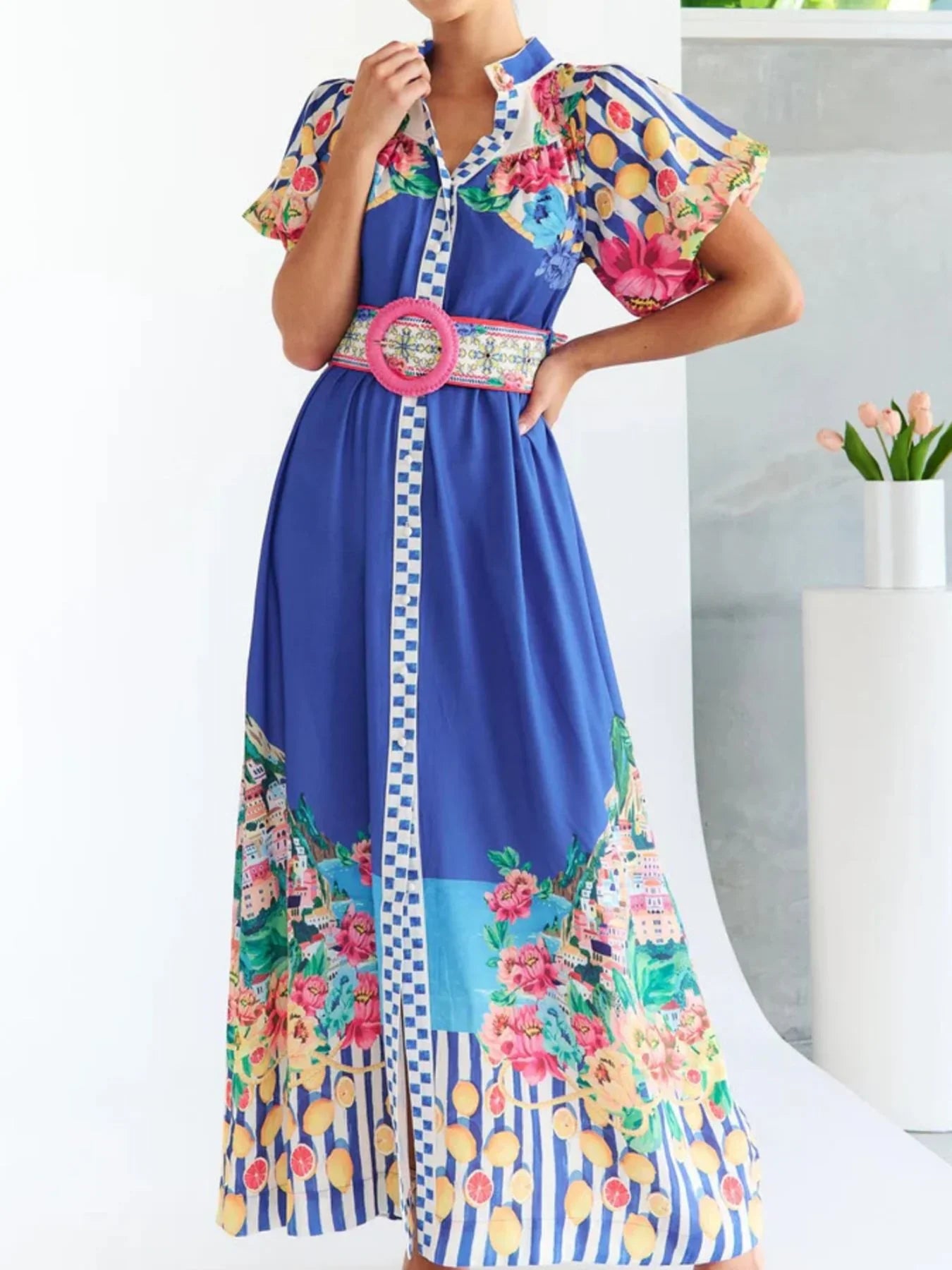 Printed Button Front Puff Sleeve Maxi Dress - Southern Shores Clothing