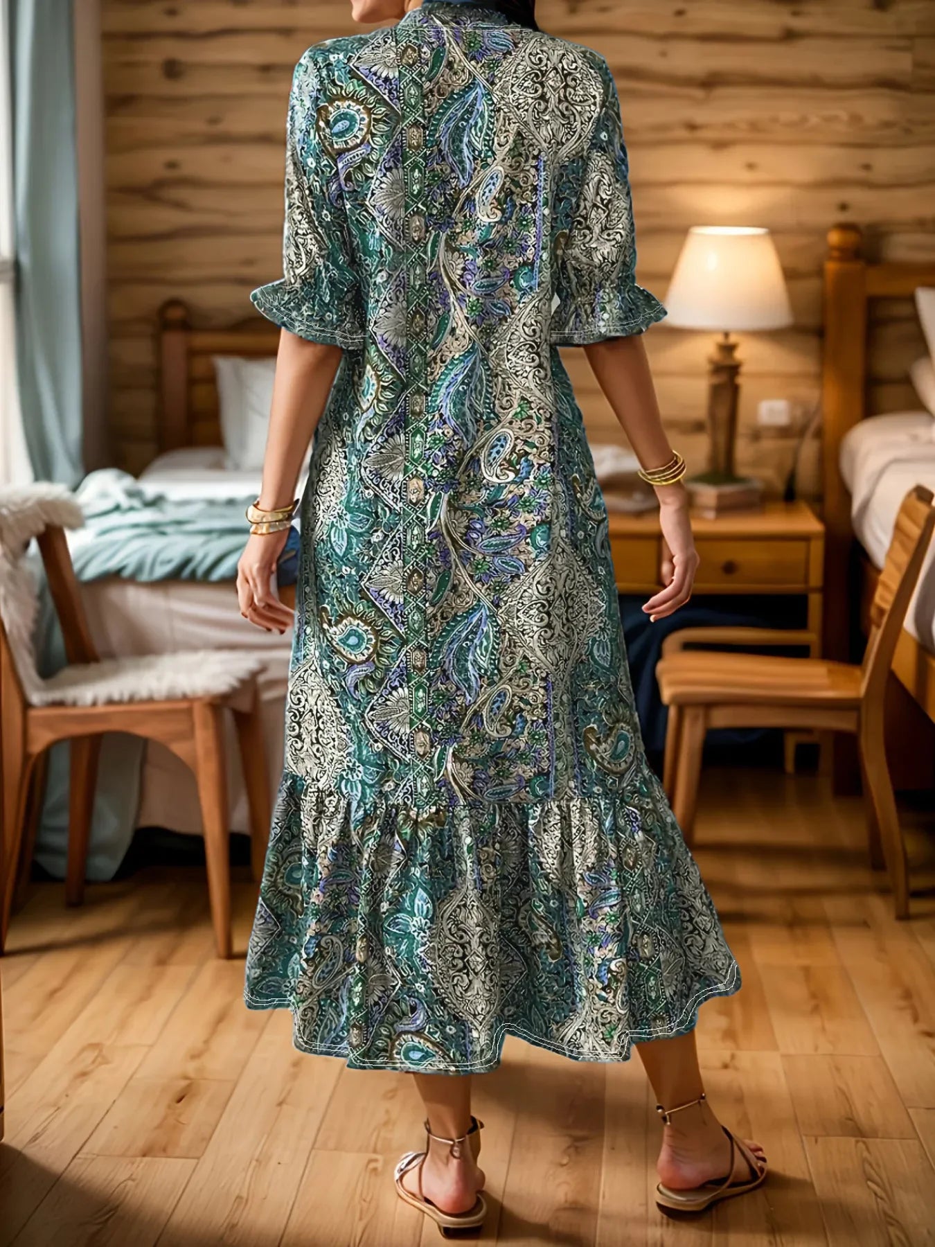 Bohemian Paisley Print Midi Dress With Ruffle Hem Long Sleeve - Southern Shores Clothing