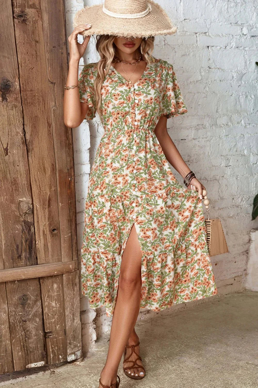 Perfee Floral V-Neck Front Slit Dress - Southern Shores Clothing