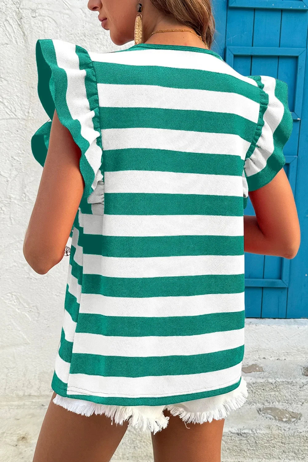 Ruffle Sleeve Striped Tee With Stretchy Fabric - Southern Shores Clothing