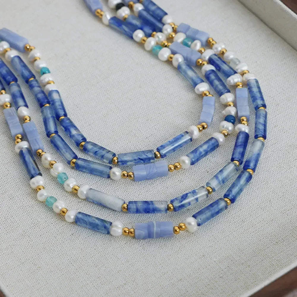 Geometric Pearl Necklace Titanium Steel Blue Chalcedony - Southern Shores Clothing