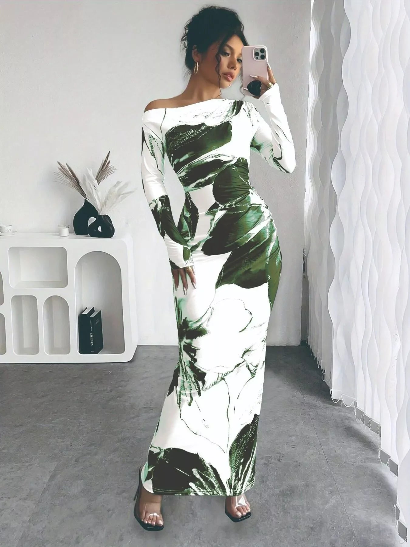 Floral One Shoulder Long Sleeve Maxi Dress - Southern Shores Clothing