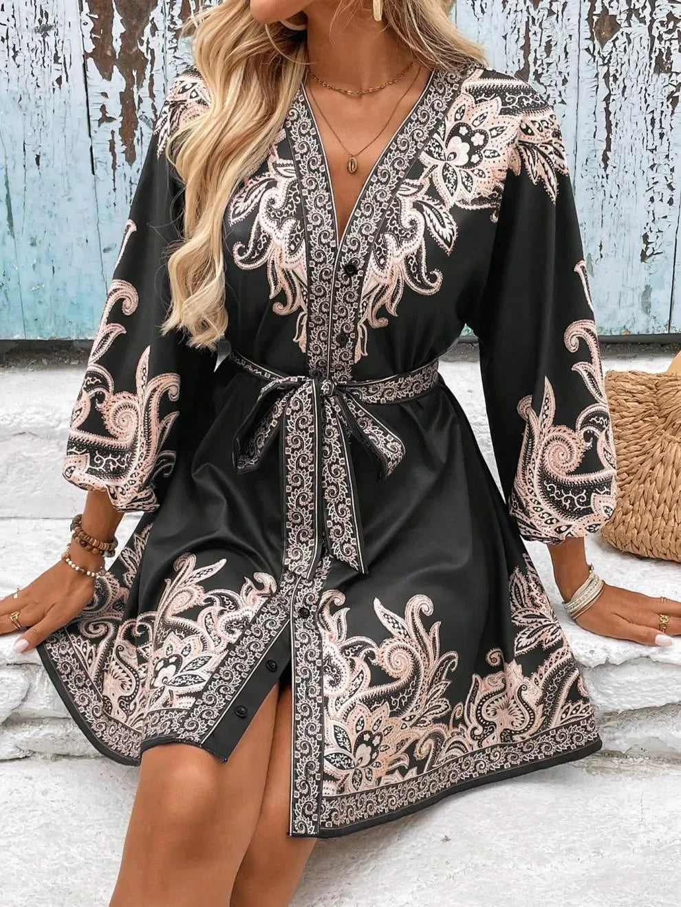 Paisley Print V Neck Mini Dress Tie Belt Three Quarter Sleeve - Southern Shores Clothing