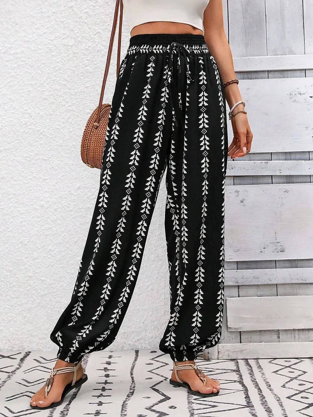 Tied Printed High Waist Wide Leg Pants With Drawstring Tie - Southern Shores Clothing