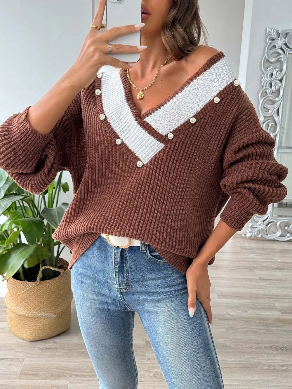 Contrast Trim Dropped Shoulder Long Sleeve Sweater - Southern Shores Clothing