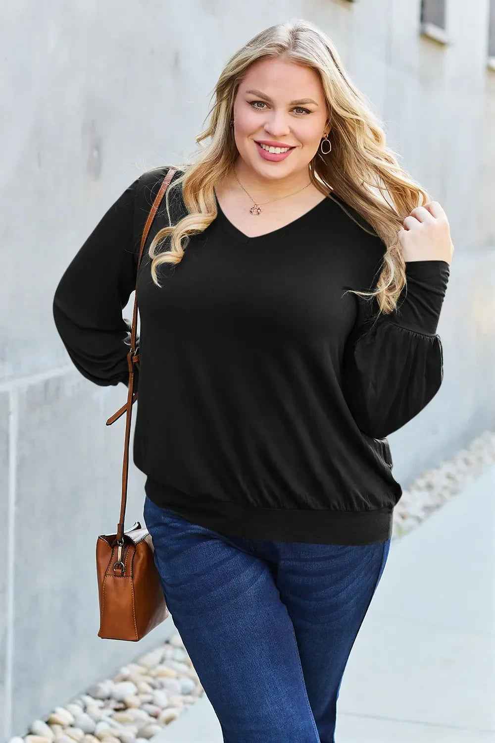 V Neck Lantern Sleeve Top Lightweight Stretch - Southern Shores Clothing