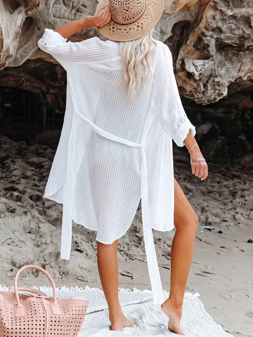 One Size Button Up Roll-Tab Sleeve Beach Cover-Up - Southern Shores Clothing