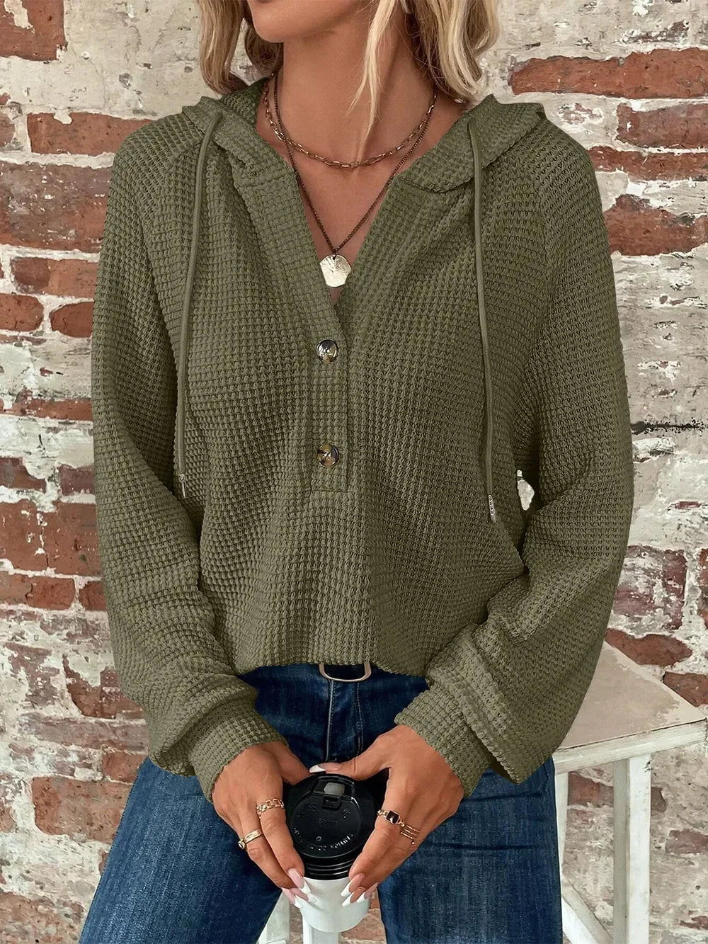 Waffle Knit Long Sleeve Drawstring Hooded Top - Southern Shores Clothing