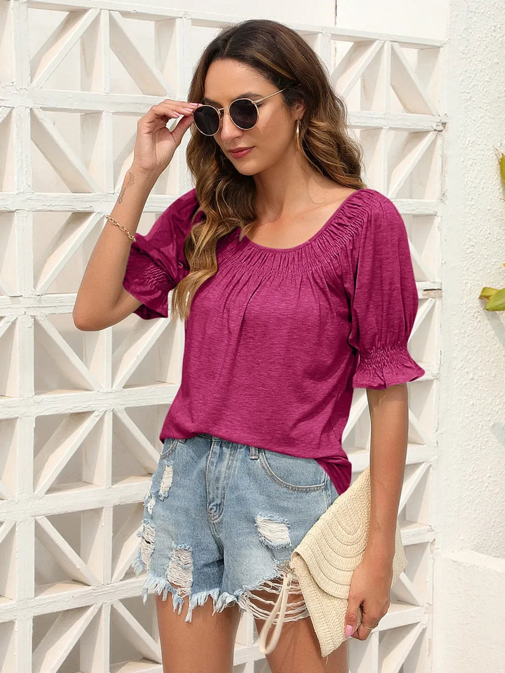 Southern Shores Clothing Ruched Short Sleeve Blouse Made From Polyester Blend Fabric For Versatile Wear - Southern Shores Clothing